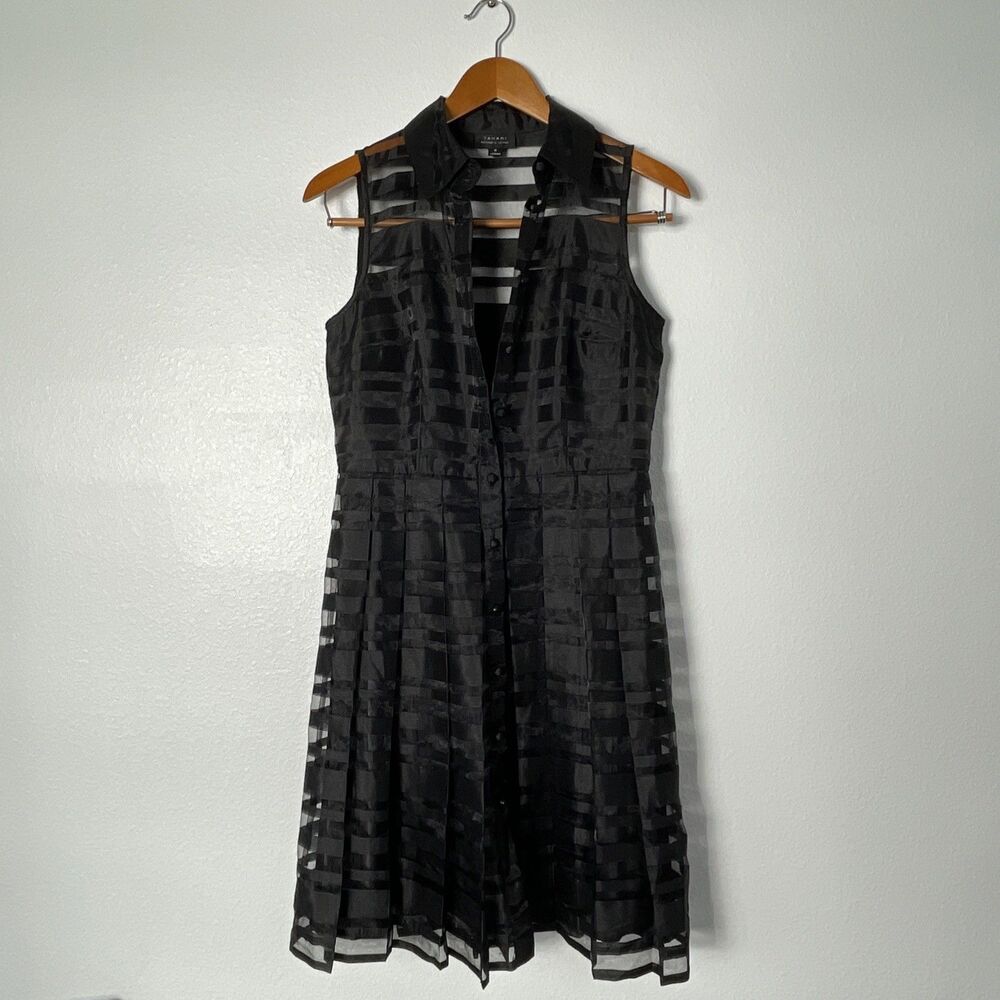 Tahari Shadow Stripe Organza Fit Flare Dress Black Sleeveless Collared 4